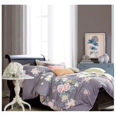 Постельное белье евростандарт Sulyan Букет сатин фиолетовый/бежевый