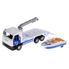 Набор техники ТЕХНОПАРК Камаз эвакуатор полиция с лодкой (SB-17-24-K-WB) 12 см белый/синий