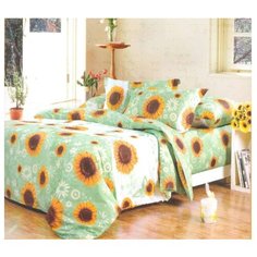 Постельное белье семейное СайлиД A-116, поплин зеленый/оранжевый