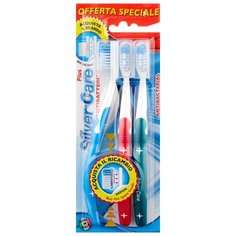 Зубная щетка Silver Care Plus Дельфин, средняя жесткость, зеленый/красный/голубой, 3 шт.