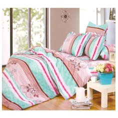 Постельное белье семейное СайлиД A-138, поплин голубой/коричневый