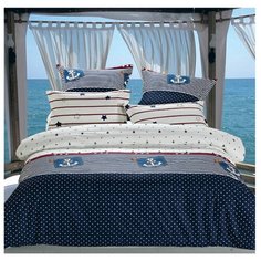 Постельное белье семейное СайлиД B-154, сатин синий / белый