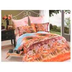 Постельное белье семейное СайлиД B-139, сатин оранжевый/розовый/голубой