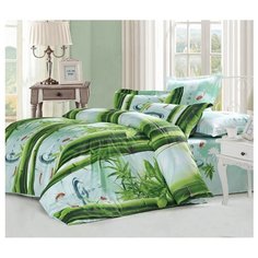 Постельное белье семейное СайлиД B-153, сатин белый / зеленый