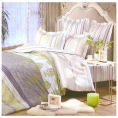 Постельное белье семейное СайлиД B-114, сатин бежевый/зеленый