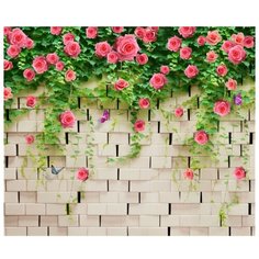 Фотообои флизелиновые Design Studio 3D Кирпичная стена с цветами 3х2.5м белый/розовый/зеленый
