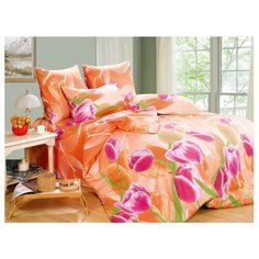Постельное белье семейное СайлиД A-131, поплин оранжевый/розовый