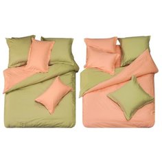 Постельное белье семейное СайлиД L-10, сатин розовый / зеленый