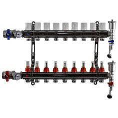 Коллекторная группа Tim (KA009) 1", 9 вых., расходомер, воздухоотводчик, сливной кран, термометр