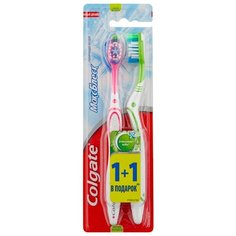 Зубная щетка Colgate Макс Блеск отбеливающая, средней жесткости, розовый/зеленый, 2 шт.