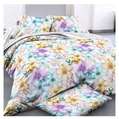 Постельное белье 2-спальное с евро простыней ЛайМ Весенняя акварель, сатин голубой/оранжевый/белый