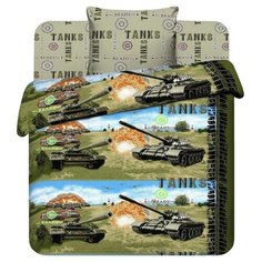 Постельное белье 1.5-спальное Твой стиль Танки, бязь зеленый