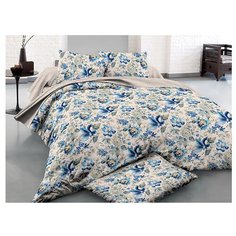 Постельное белье 2-спальное с евро простыней ЛайМ Мелодия тишины, сатин бежевый/синий