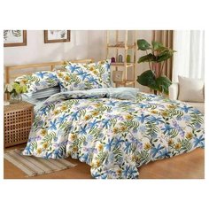 Постельное белье семейное ЛайМ Цветочный микс, поплин белый/синий