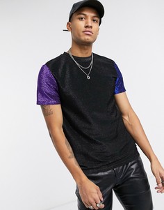 Черная блестящая обтягивающая футболка с контрастными рукавами ASOS DESIGN-Черный