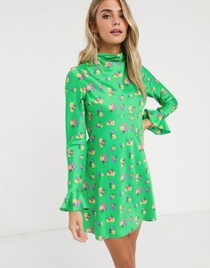 Короткое приталенное платье с цветочным принтом и свободным воротом ASOS DESIGN-Мульти
