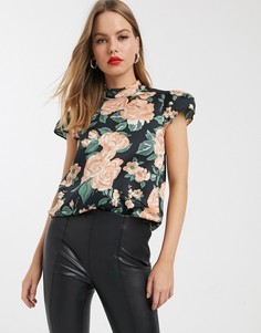 Черный топ с короткими рукавами и принтом River Island
