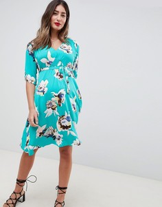 Голубое чайное платье мини с цветочным принтом Mamalicious-Мульти Mama.Licious