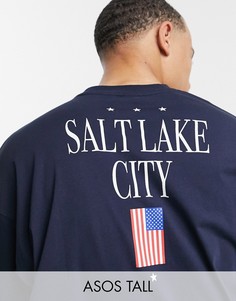 Темно-синий oversize-лонгслив с принтом в виде названия города и флага ASOS DESIGN Tall