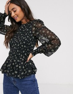 Блузка с цветочным принтом и баской Miss Selfridge-Черный