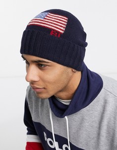 Темно-синяя шапка-бини с американским флагом Polo Ralph Lauren-Черный