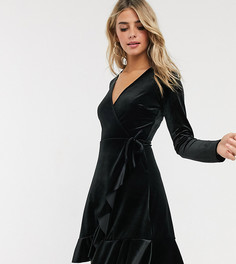 Черное бархатное платье с длинными рукавами и запахом New Look-Черный