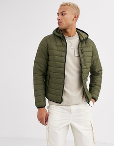 Дутая куртка с капюшоном цвета хаки Bershka-Зеленый