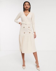 Платье миди с длинными рукавами и складками ASOS DESIGN-Кремовый