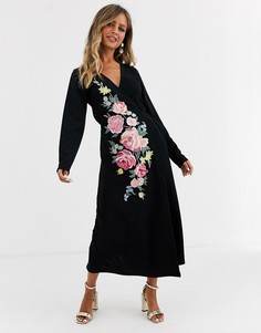 Платье миди с длинными рукавами и вышивкой ASOS DESIGN-Черный