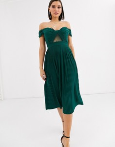 Платье миди с кружевом и складками ASOS DESIGN-Зеленый