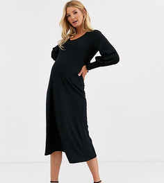 Платье миди в рубчик с длинными рукавами ASOS DESIGN Maternity-Черный