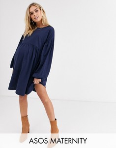 Свободное oversize-платье мини с длинными рукавами ASOS DESIGN Maternity-Темно-синий