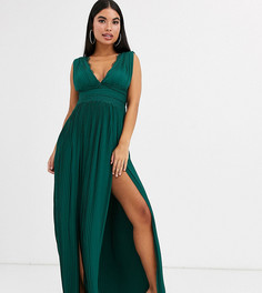Плиссированное премиум-платье макси с кружевной вставкой ASOS DESIGN Petite-Зеленый