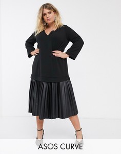 Платье миди с топом‑свитшотом и плиссированной юбкой из искусственной кожи ASOS DESIGN Curve-Черный