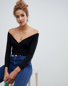 Боди черного цвета с запахом и открытыми плечами ASOS DESIGN-Черный