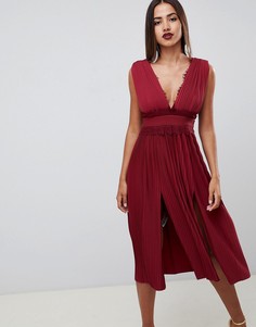 Плиссированное платье миди с кружевной вставкой ASOS DESIGN-Красный