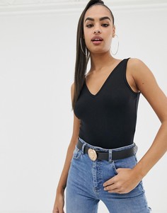 Боди черного цвета с V-образным вырезом ASOS DESIGN-Черный