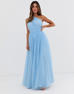 Платье макси из тюля на одно плечо ASOS DESIGN-Синий