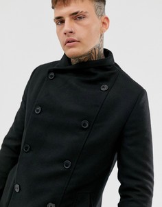 Черное двубортное пальто с высоким воротником и карманами Religion-Черный
