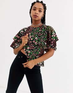 Блузка с оборками на рукавах и цветочным принтом Topshop-Розовый