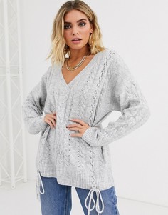 Джемпер с V-образным вырезом и завязками ASOS DESIGN-Серый