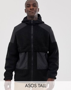 Плюшевая куртка на молнии с капюшоном ASOS DESIGN Tall-Черный