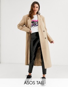 Длинное двубортное пальто бежевого цвета ASOS DESIGN Tall-Бежевый