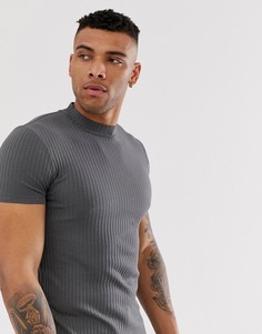 Черная футболка в рубчик с высоким воротом ASOS DESIGN-Серый
