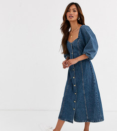 Платье миди с пышными рукавами и пуговицами Reclaimed Vintage inspired-Синий