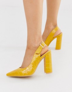 Остроносые туфли на каблуке горчичного цвета с ремешком через пятку и крокодиловым рисунком London Rebel-Желтый