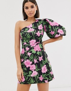 Платье мини на одно плечо с цветочным принтом ASOS DESIGN-Черный