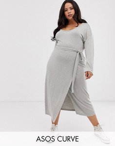 Вязаное платье миди с длинными рукавами и поясом ASOS DESIGN Curve-Серый