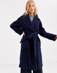 Шерстяное пальто с поясом ASOS WHITE-Темно-синий