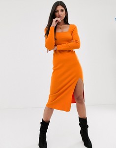 Платье миди с квадратным вырезом и длинными рукавами ASOS DESIGN-Оранжевый